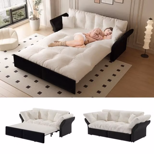 Divano Letto 3 in 1 Estraibile con Cuscini ¨C Xylo ¨C Velluto Beige/Bianco 190 cm