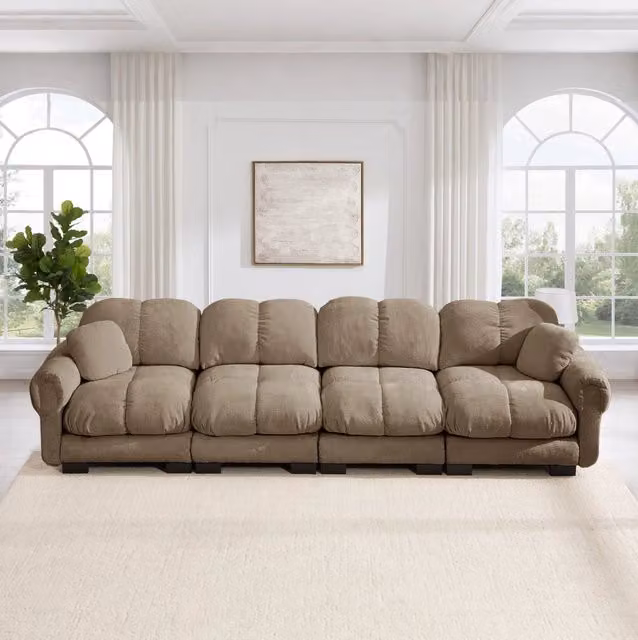Divano modulare a L MODFU in tessuto marrone con cuscini, design moderno per il tuo soggiorno, L 330 x P 86 x H 90 cm