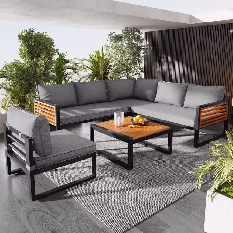 Set STILVORA Artenlounge per 5-6 persone con struttura in ferro zincato e design modulare, set divano da giardino con divano ad angolo e braccioli in legno, set mobili da giardino con piano del tavolo in legno e rivestimenti sfoderabili