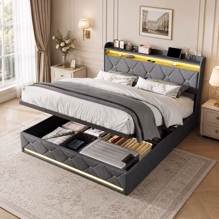 Letto imbottito INONEFT, 160x200 cm, con sistema di sollevamento idraulico, illuminazione a LED e prese USB, letto per ragazzi con spazio contenitivo nella testiera, tessuto in lino, colore grigio