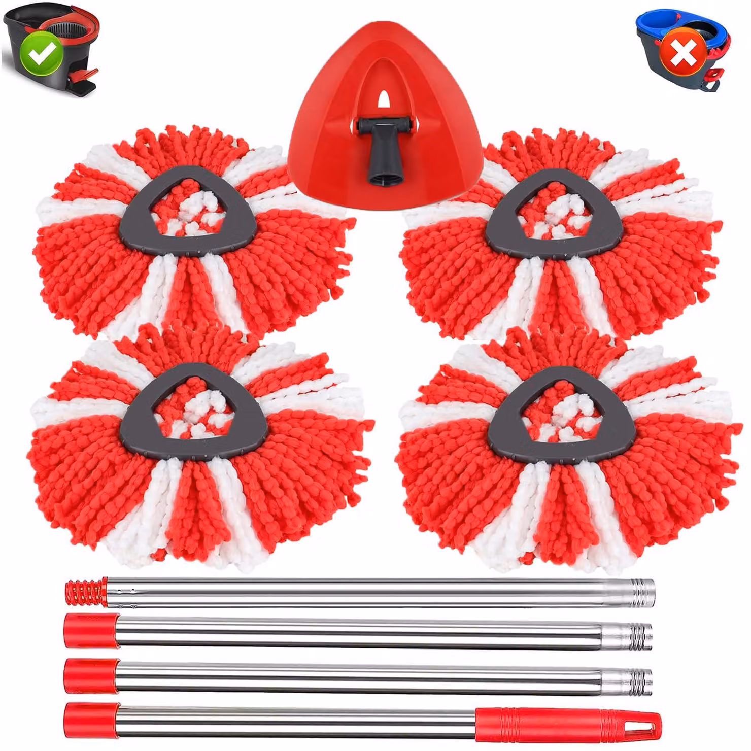 Set di mop, composto da 6 pezzi, compatibile con Vileda Turbo, con 4 testine in microfibra e un manico da 148 cm