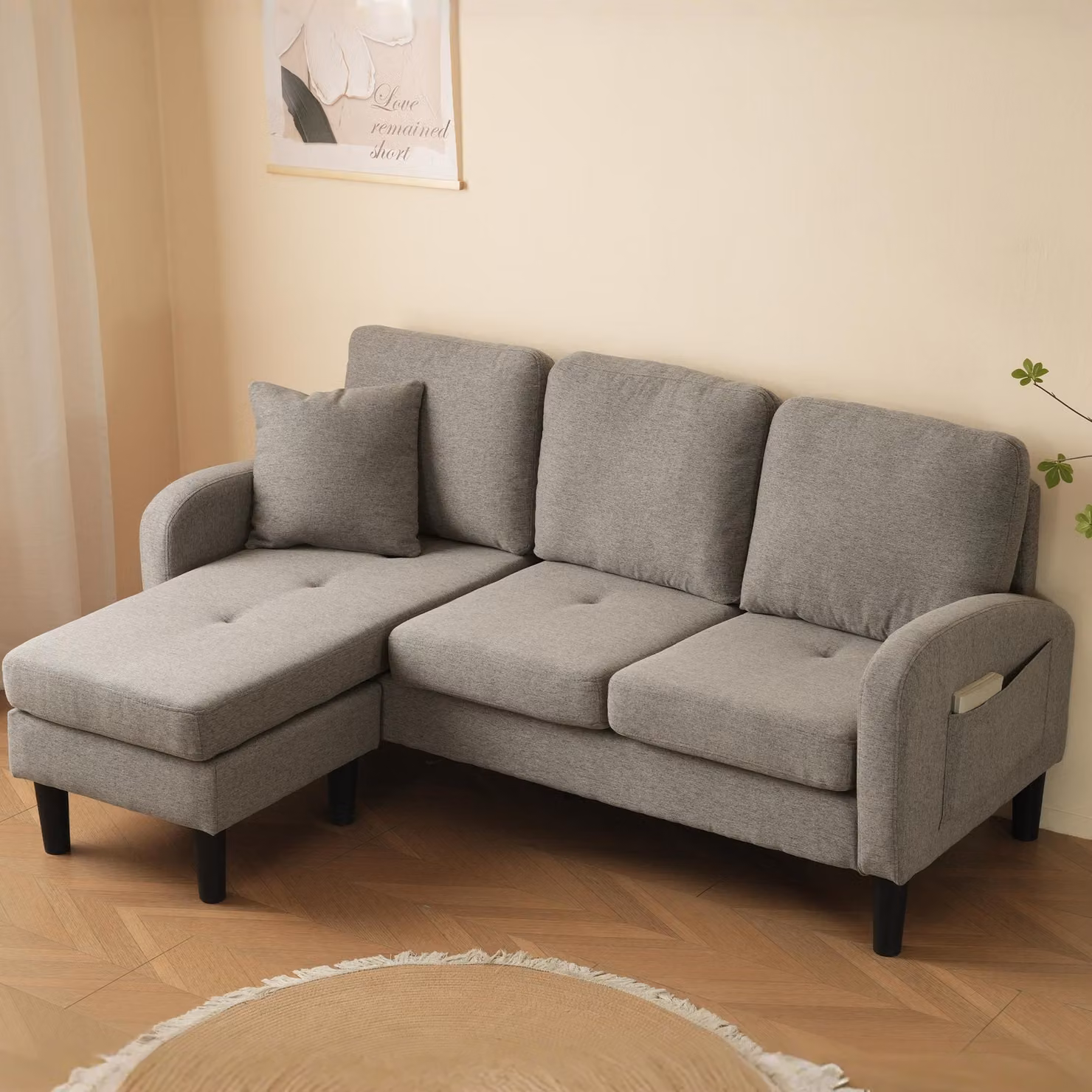 Divano angolare a forma di L Fortuna Lai con chaise longue – Divano a 3 posti, 166 x 118 x 77 cm, tessuto di cotone e lino traspirante, gambe in plastica, design modulare, ideale per soggiorni, appartamenti e uffici