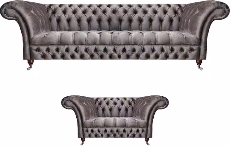 Luxuriöse Grau Möbel Sofas Set 2tlg Sofagarnitur Wohnzimmer Chesterfield