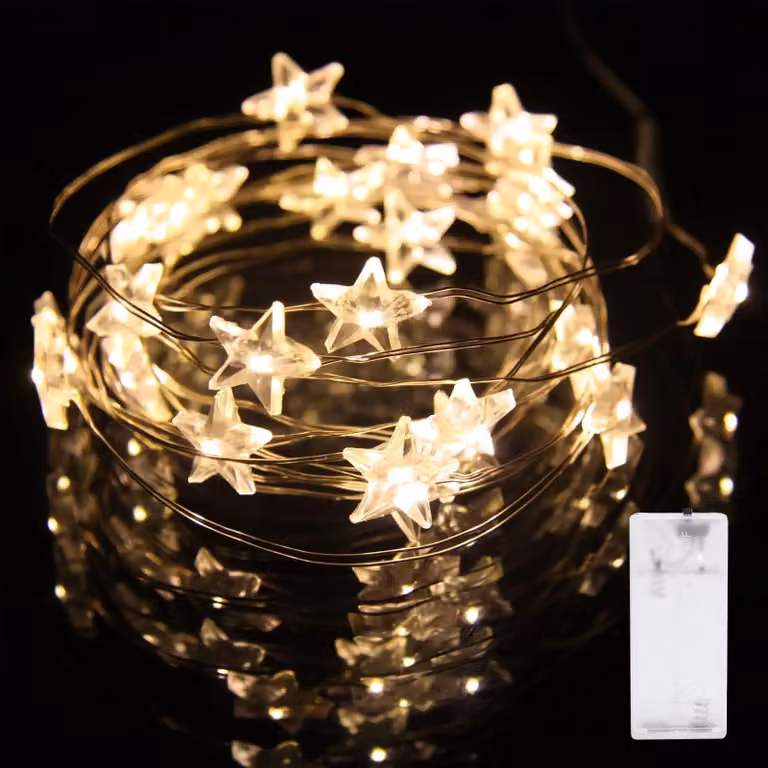 Catena luminosa a LED, 2 metri, 20 stelle bianche calde, alimentata a batteria