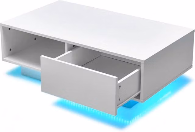 Tavolino da salotto moderno Design Mania bianco lucido con scomparto aperto, cassetto e luci con telecomando L/P/H: 95 x 126 x 55 cm