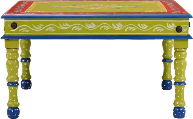 Tavolino Salotto Verde Dipinto a Mano Legno Massello di Mango