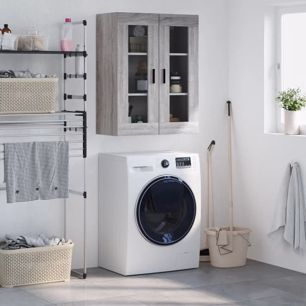 Mobile a parete vidaXL moderno con ante in vetro e ripiani interni, Grigio Sonoma, L: 69,5 cm, P: 34 cm, H: 90 cm