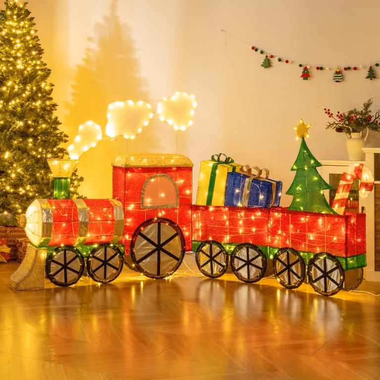 Costway Treno di natale con fumo realistico e bastoncino di zucchero luci LED, Treno luminoso per interni ed esterni per giardino