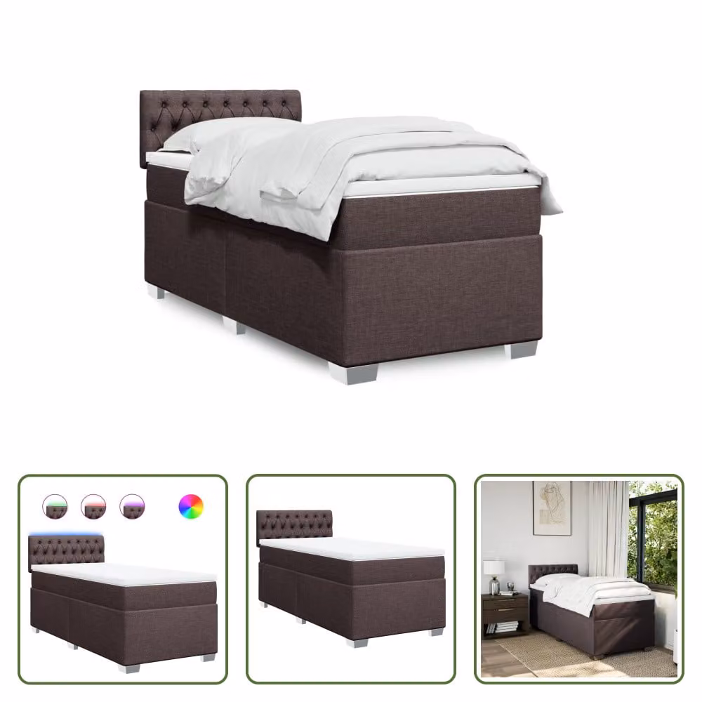 The Living Store Letto a molle con materasso marrone scuro 100x200 cm in tessuto