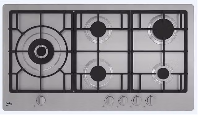 Piano cottura a gas Beko HIML95225SXE da incasso, 5 zone di cottura con bruciatore Wok, griglie in ghisa, colore Silver in acciaio inossidabile, L: 90 cm, P: 51 cm