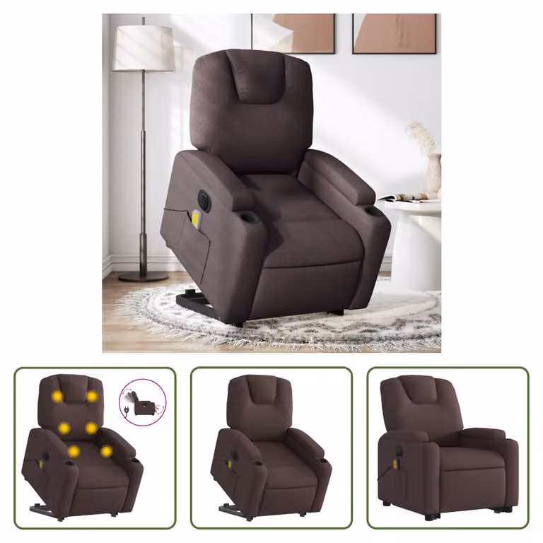 The Living Store Poltrona massaggiante elettrica con supporto in piedi Tessuto marrone scuro