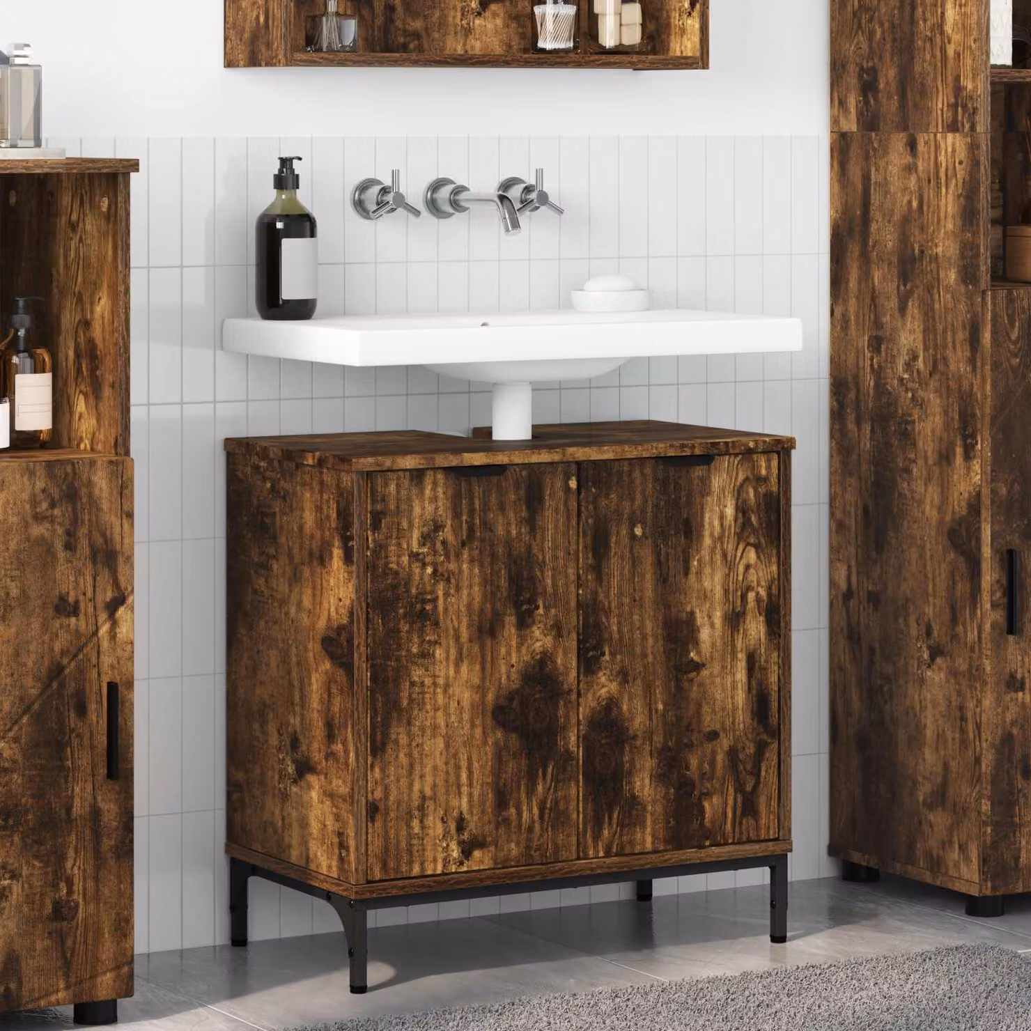 Armadio per lavabo da bagno vidaXL in rovere fumé con ante a battente, L 60,5 cm x P 33,5 cm x H 61 cm