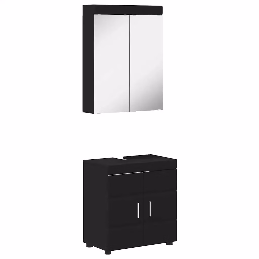 Set di mobili per il bagno moderno vidaXL composto da mobile lavabo e armadietto con specchio, finitura nera opaca e dettagli argento, L: 60 cm, P: 34 cm, H: 63 cm – 2