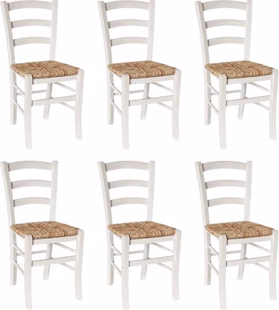 Set di 6 sedie da sala da pranzo Venezia in legno bianco con seduta in paglia