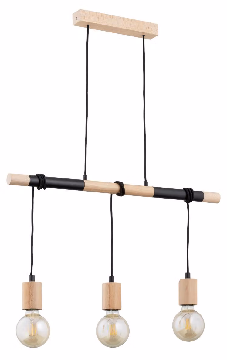 Lampada a sospensione con cavi LAMETA in legno chiaro, 3xE27x15W, legno, dimensioni: 75x6,5x70 cm, IP20, Alfa