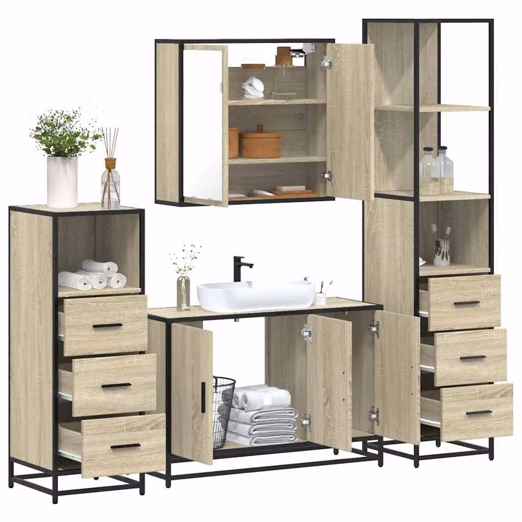 Set di mobili da bagno industrial vidaXL in legno e metallo marrone, composto da armadietto con specchio, mobile lavabo, mobile laterale e colonna alta