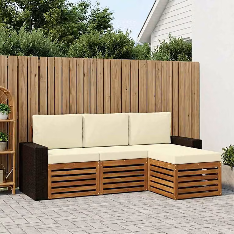 Set di divani da esterno vidaXL a forma di L in legno di acacia con cuscini, 4 pezzi, Beige e Marrone