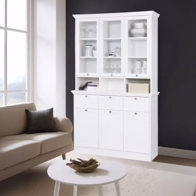 Credenza con vetrina Landwood50 3 ante vetro superiori 3 ante inferiori vani a giorno e 3 cassetti in bianco