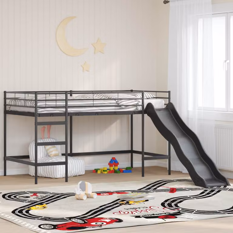 Letto loft singolo per bambini vidaXL con scala, in metallo, Nero e antracite, L 200 x P 90 x H 195 cm