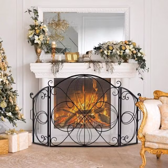 Paraschintille per camino Costway a 3 ante con motivo floreale, Nero, L: 151 cm, H: 83 cm, P: 4 cm – 1