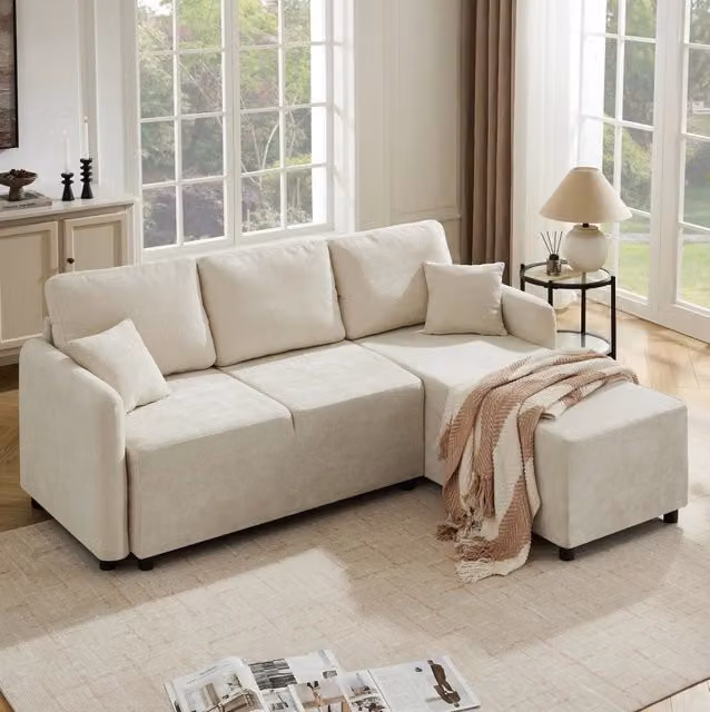 Divano angolare 3 posti in chenille, 187,5x144x85,5 cm, beige chiaro