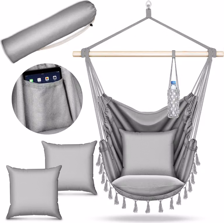 tillvex hanging chair grey 2 cuscini da appendere | hanging chair con portabicchieri e scomparto per libri | hanging seat resistente alle intemperie - indoor & outdoor | cestino da appendere con borsa per adulti e bambini