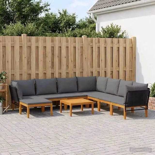 Set da giardino componibile vidaXL in legno di acacia con corda e cuscini, 9 pezzi, L-shape