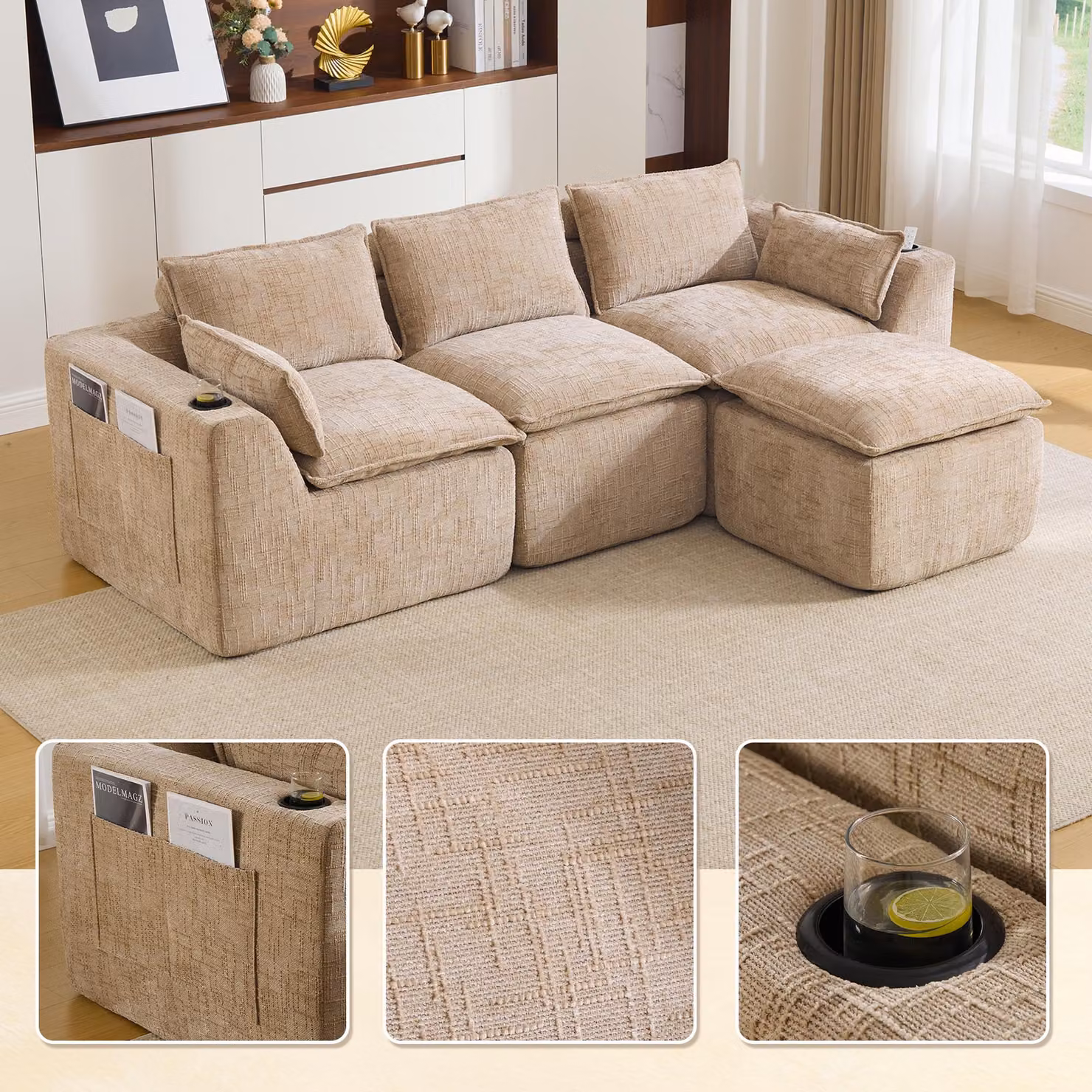 Divano componibile LVHOM a 3 posti in ciniglia, divano a L con portabevande e tasche laterali, divano grande, 256 cm, color kaki