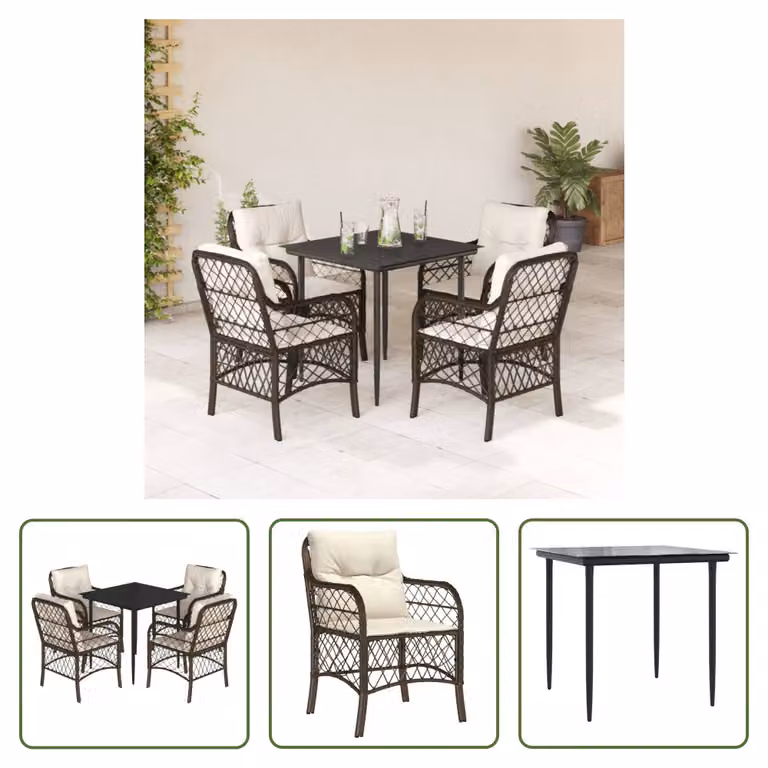 The Living Store Set da pranzo da giardino 5 pezzi con cuscini in polirattan marrone