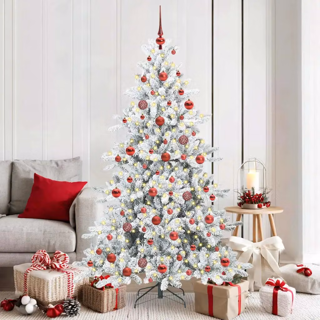 Albero di Natale Artificiale Moderno vidaXL Bianco con Luci LED Warm White e Rami Pieghevoli in PVC e Metallo