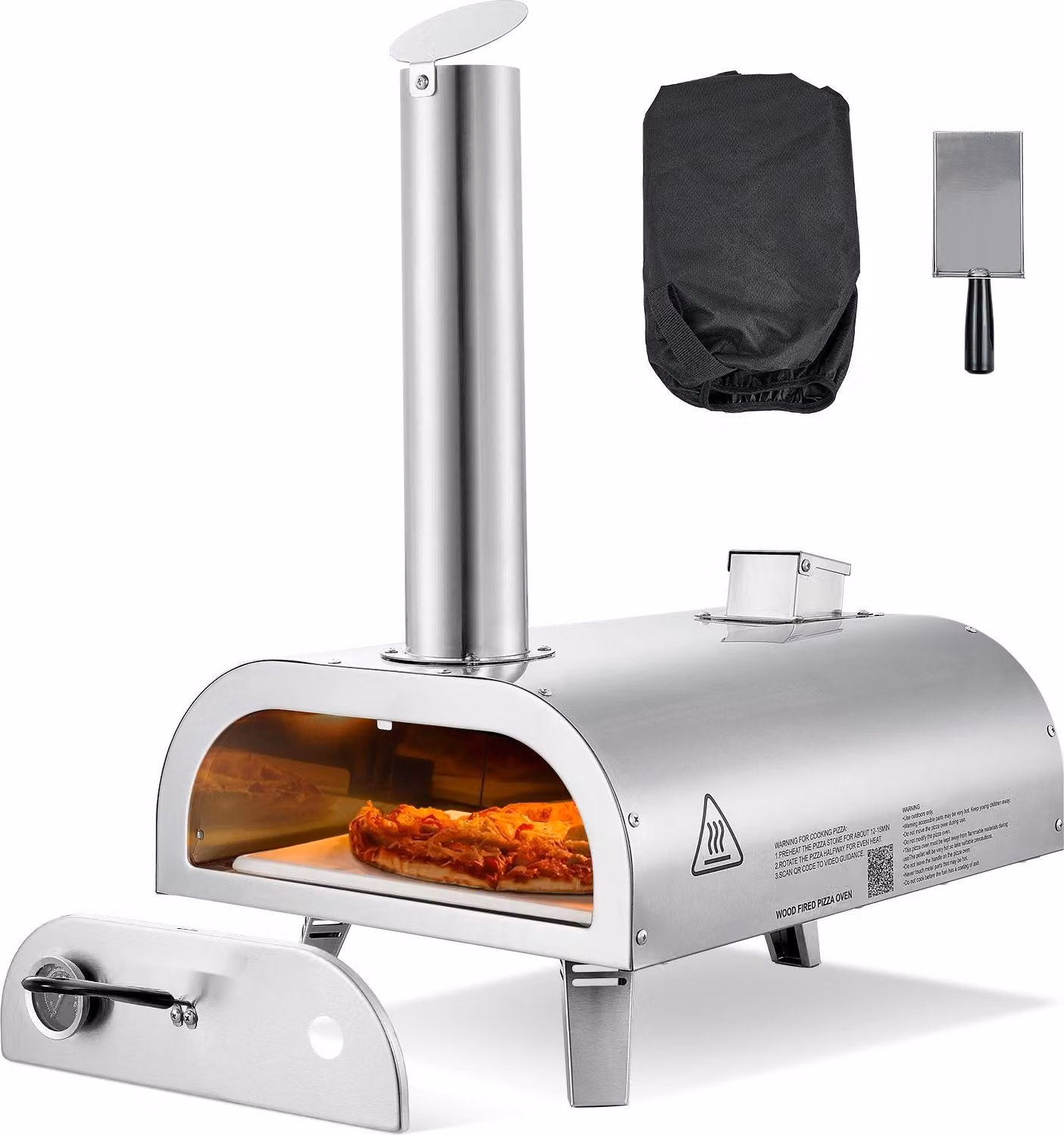 Forno per pizza da esterno - Forno per pizza a pellet Ø 30,5 cm - Portatile - Pietra per pizza inclusa - Acciaio inox - Buccia per pizza e borsa per il trasporto - Per giardino e campeggio