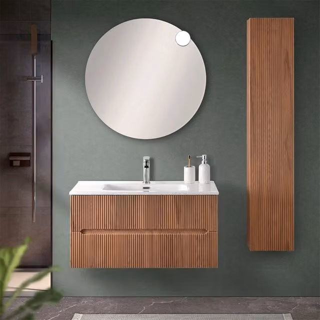 Mobile bagno sospeso Bali con design cannettato in noce canaletto, L: 90 cm, P: 45,4 cm, H: 45 cm – 1