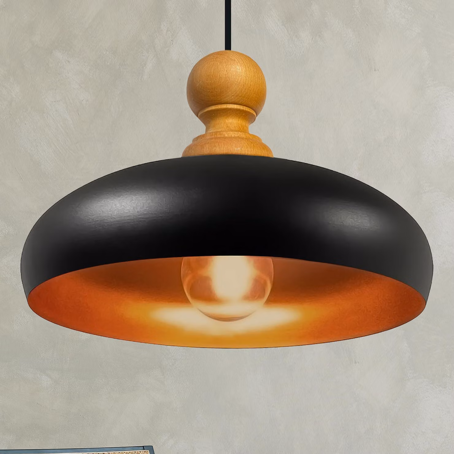 Androa Lampada a sospensione in legno 40 cm Lampada a 1 luce Lampada da sala da pranzo Industrial, plafoniera da interno in metallo Lampada industriale Vintage, lampada da cucina - Nero