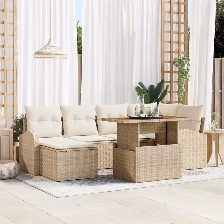 Set Divano da Giardino vidaXL 7 Pezzi a Forma di L Beige con Tavolino e Ottoman in Rattan e Acciaio