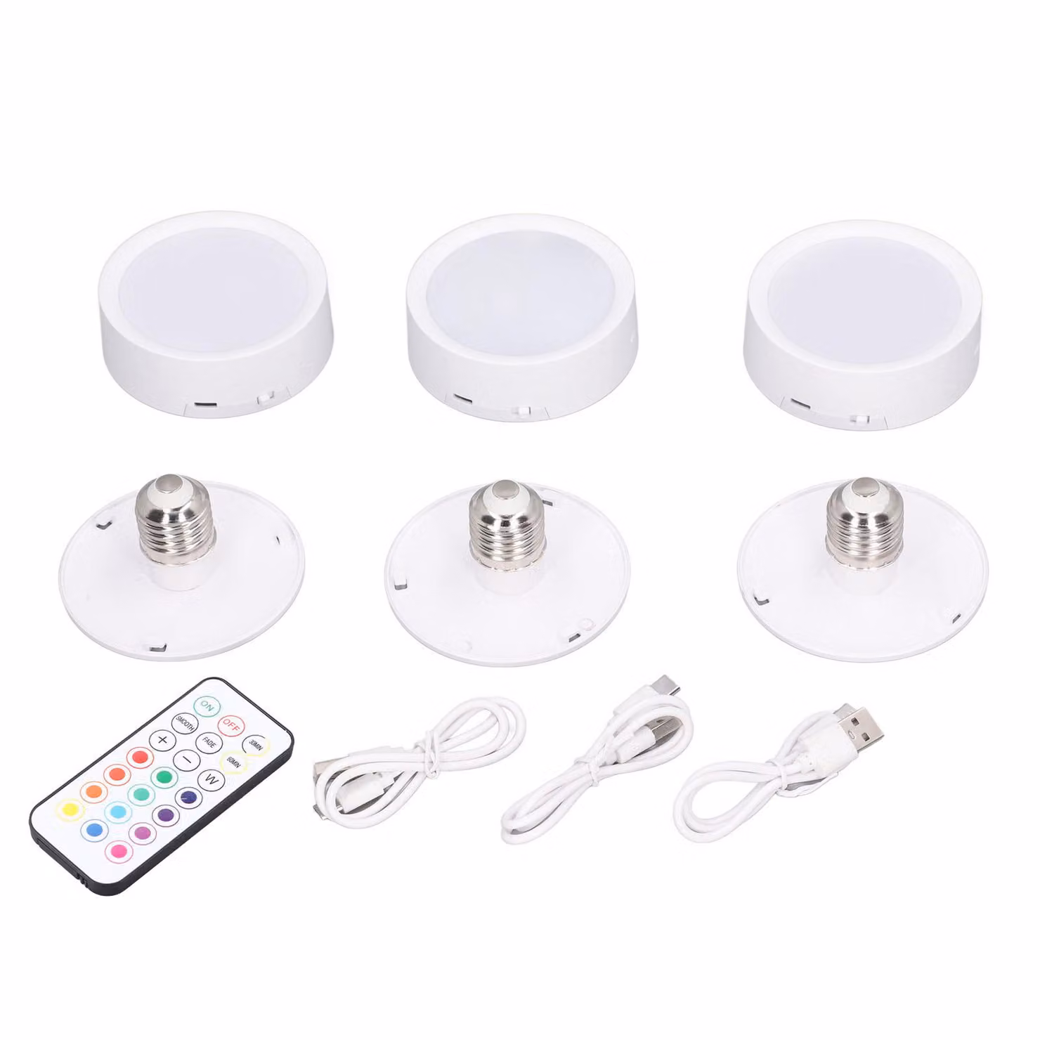 3 luci LED a disco, 4 colori, dimmerabili, temporizzazione, ricaricabili, alimentate a batteria, lampada a pressione con attacco E26, telecomando