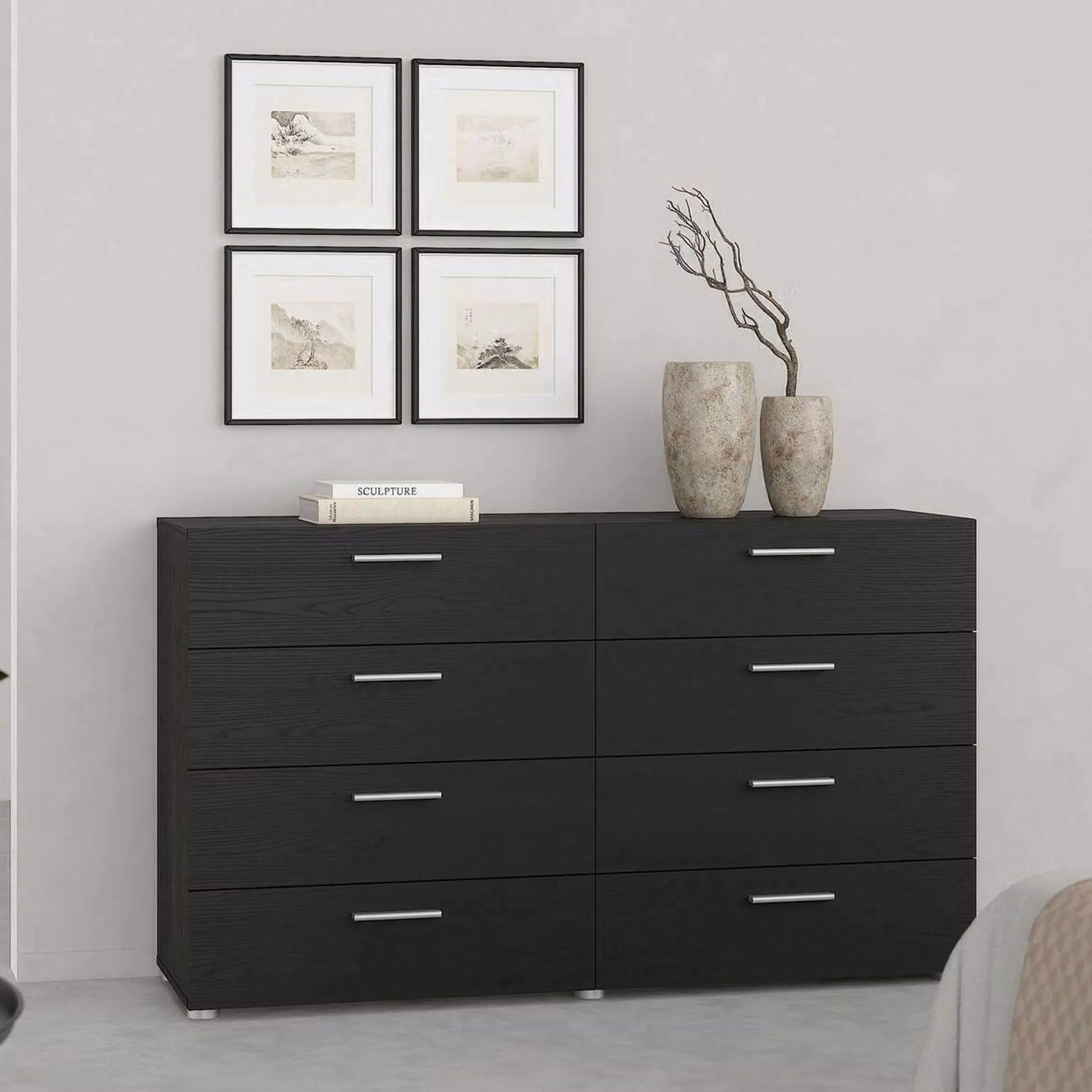 Dmora Credenza Phethai 40x140x81.7h cm Nero, 8 Cassetti Apertura Scorrevole