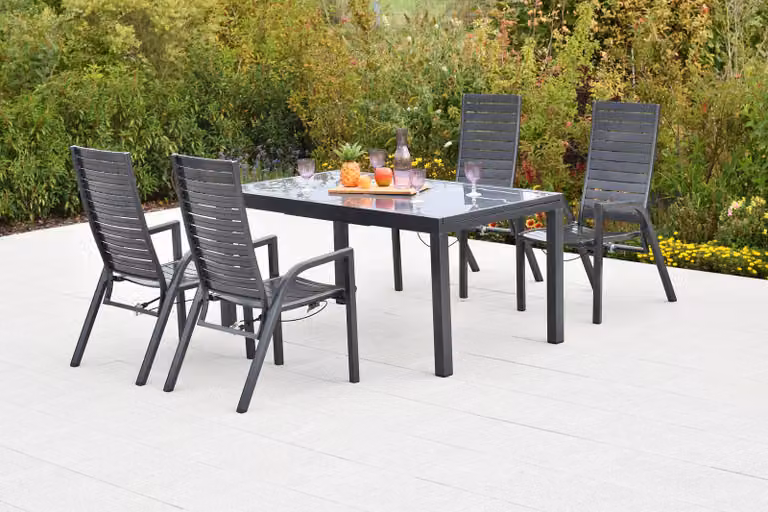 Set di mobili da giardino Merxx Siros, 5 pezzi, 4 poltrone regolabili tramite molla a gas, tavolo allungabile 150 (210) x 90 cm - Alluminio