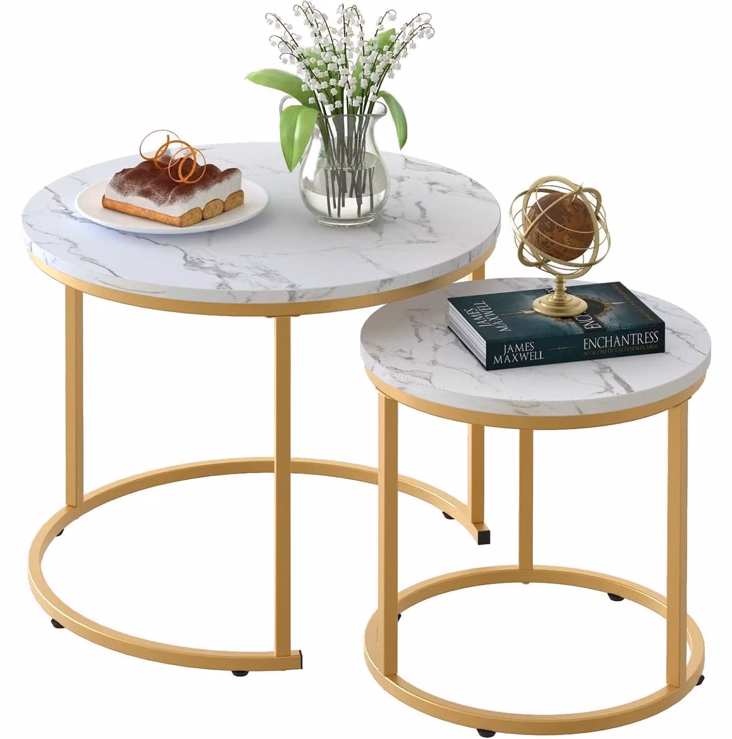 Tavolino da salotto - Set di 2 - Piano in marmo bianco - Struttura color oro - 60 x 45 cm e 40 x 40 cm - Per soggiorno e camera da letto