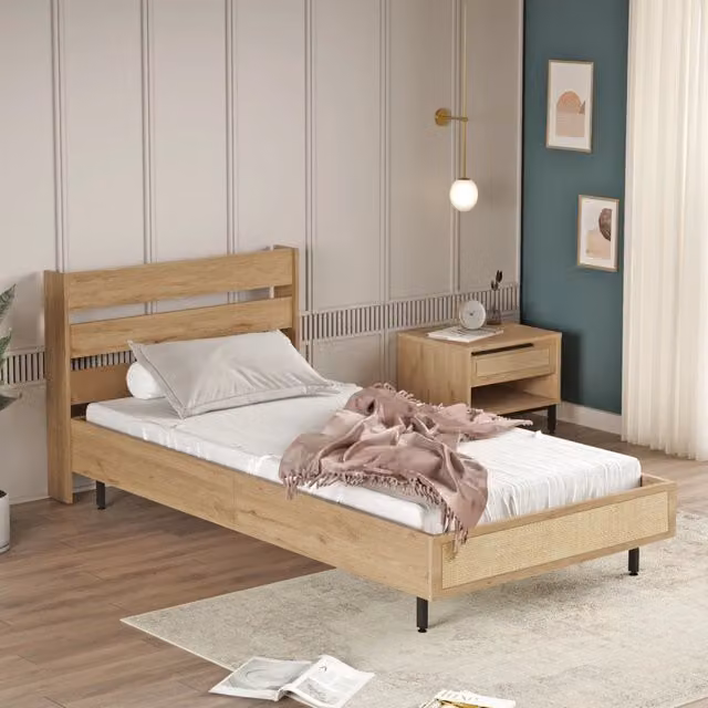 Struttura Letto Singolo Kvænangen en.casa con Testiera Alta, Effetto Rovere e Colore Marrone, L/P/H: 100 x 200 x 108,5 cm