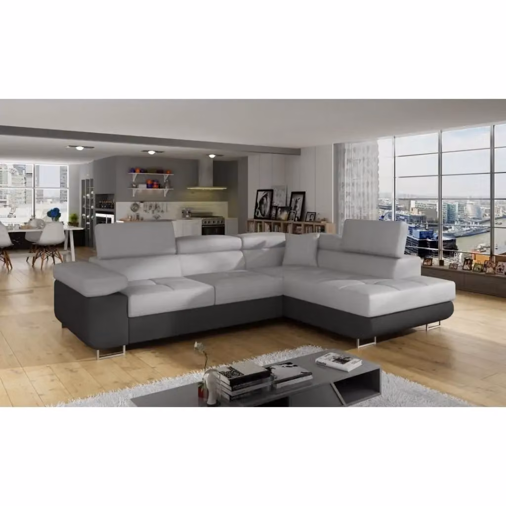 Divano ad angolo convertibile MENTON MEUBLORAMA grigio con funzione letto, contenitore e poggiatesta regolabile, L/P/H: 272 x 145 x 85 cm – 2