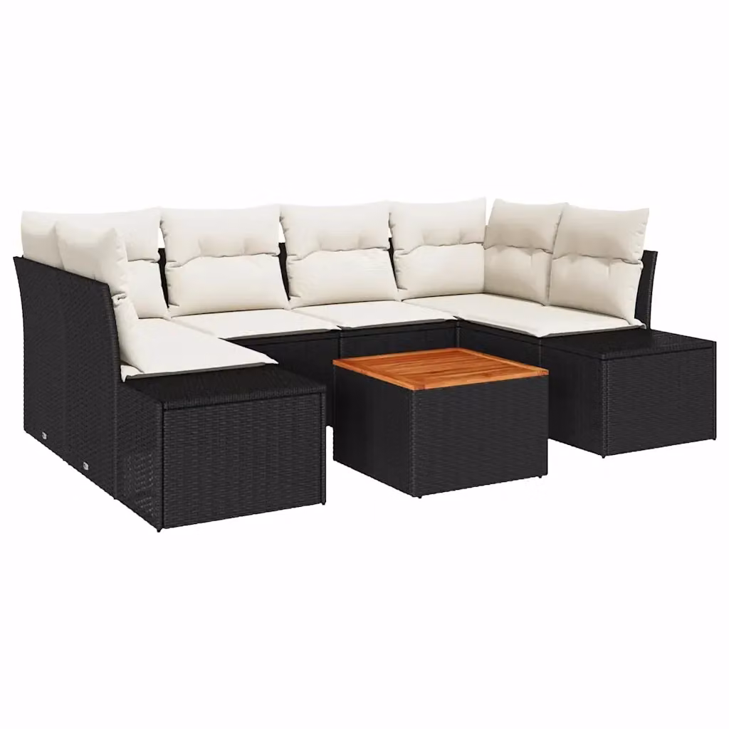 Set Divano da Giardino vidaXL 7 Pezzi a Forma di U con Tavolino, Polyrattan Nero e Beige, Resistente alle Intemperie – 2