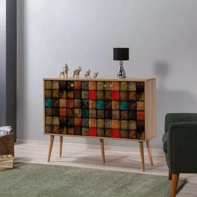 Credenza Arzumia, Buffet da soggiorno, Madia da salotto, Dispensa da cucina, 120x36h90 cm, Quercia e Multicolore