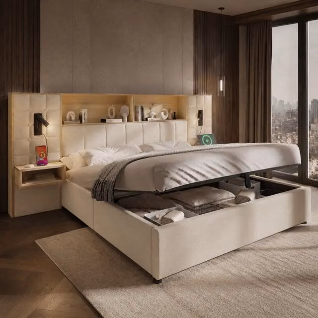 Letto matrimoniale 160 × 200 cm contenitore con rete a doghe in lino beige luci lettura USB Type-C e comodini
