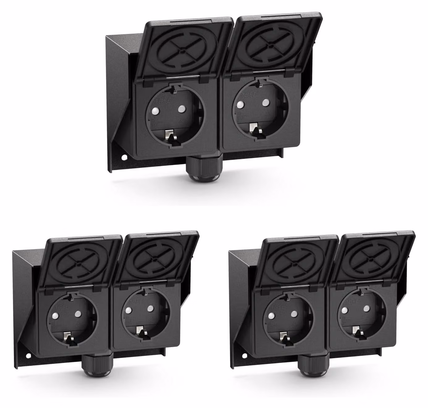 ledscom.de - 3 prese multiple per esterni/ambienti umidi, da montare a parete, grado di protezione IP44, doppia presa Schuko, 16A/230V, acciaio inossidabile, plastica, colore nero, orientamento orizzontale – dimensioni: 2 prese, 13,5 cm / confezione da 3