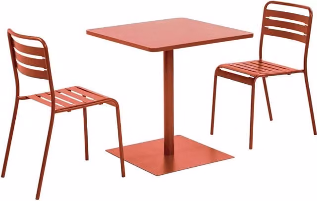 Set tavolo da giardino quadrato Sweeek in acciaio verniciato a polvere con 2 sedie, colore terracotta