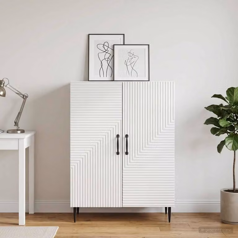 Credenza moderna vidaXL in legno ingegnerizzato e metallo, Bianco lucido, L: 66 cm, P: 34,5 cm, H: 89,5 cm