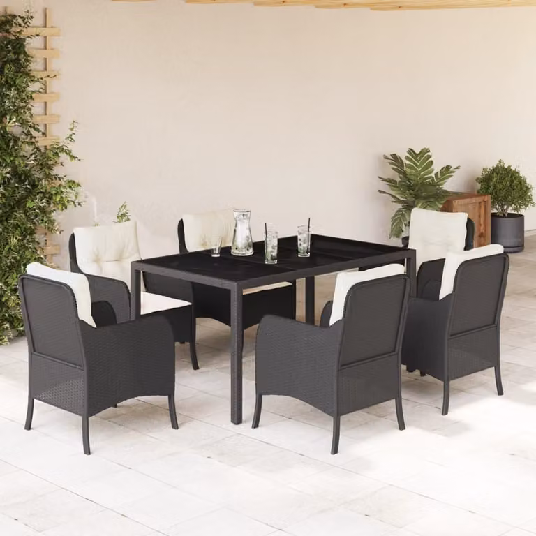 Set da Pranzo da Giardino vidaXL 7 pz in Polyrattan Nero con Piano in Vetro e Cuscini Bianchi