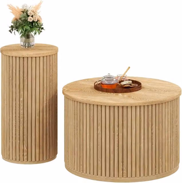 Set di 2 tavolini da caffè rotondi REDOM in MDF beige con top a incastro, L/P/H: 60 x 60 x 38,5 cm e 30 x 30 x 56 cm – 1