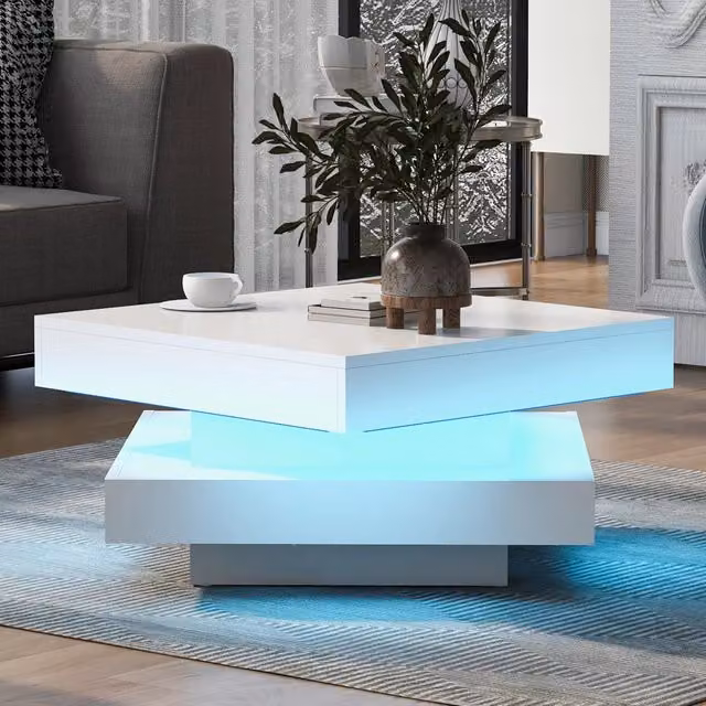 Tavolino da Salotto Quadrato Bianco Lucido 70x70x36 cm con Piano Girevole a 360° e Luce LED, Stile Moderno Techno