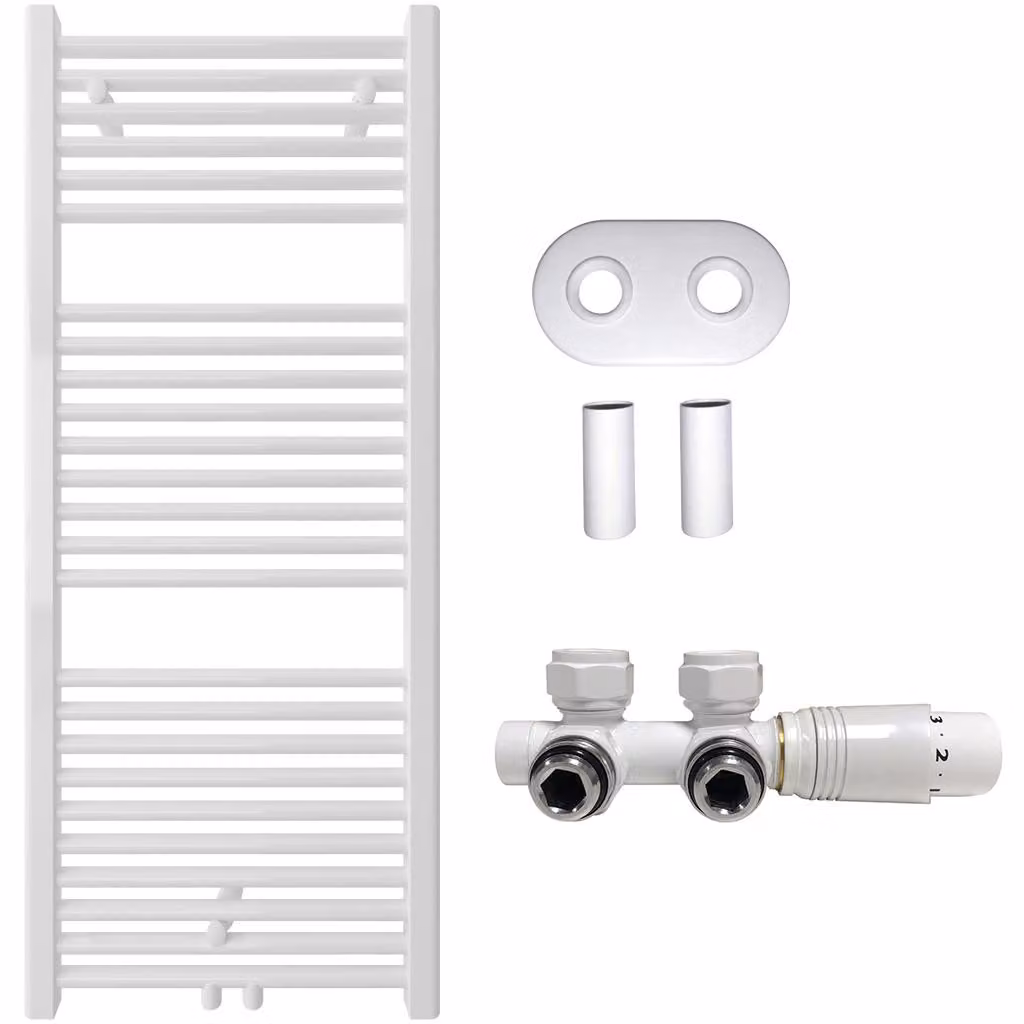 Set radiatore per bagno Lincoln - riscaldamento centralizzato - attacco centrale da 50 mm - 366W - bianco lucido - 1200x500 mm